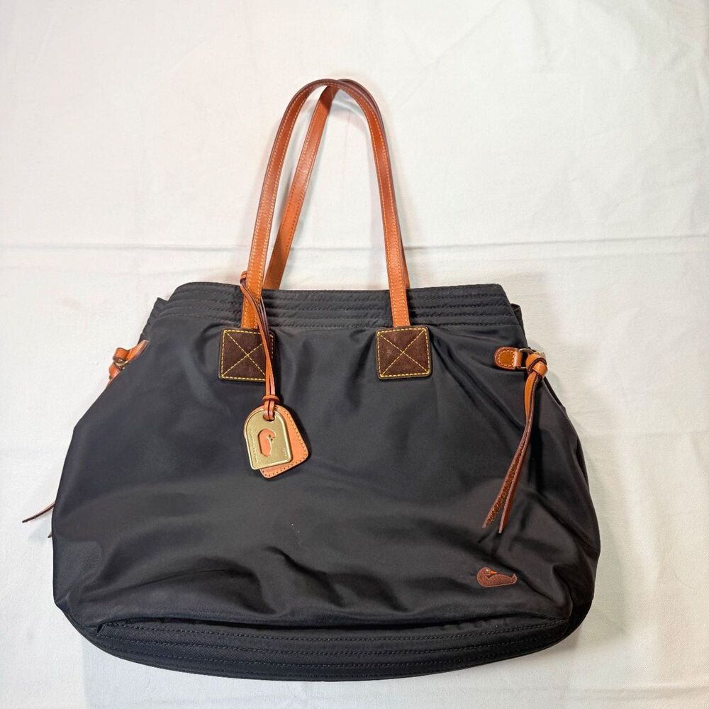 Dooney & Bourke Black Nylon Shoulder Tote Bag Leather Trim Suede Tabs Pink